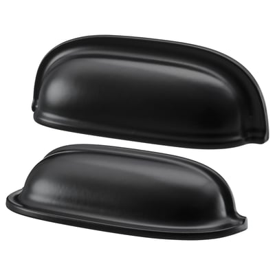 Two black cup-style cabinet handles. They are sleek, elongated, and made from aluminium with a smooth finish. Ideal for a modern, minimalist look.