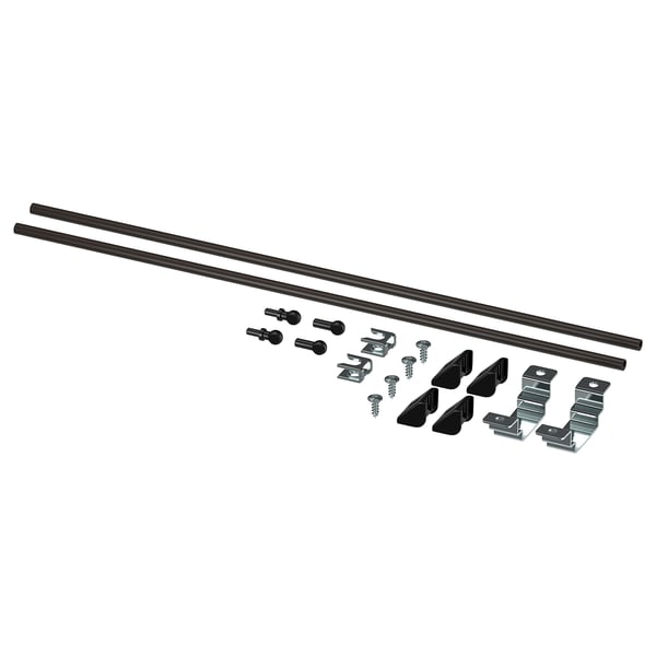 ENHET kitchen island parts: 2 black rods, screws, clips, and brackets for assembly.