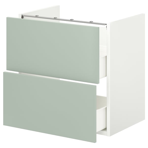 A light green two-drawer bathroom cabinet with a sleek design.