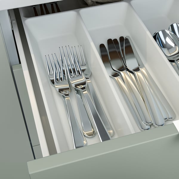 Utensil organiser: ENHET drawer with compartments for cutlery and utensils in pale green. Showing forks, knives, and spoons neatly arranged.