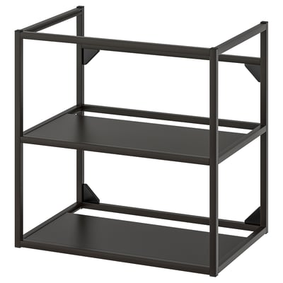 Black ENHET metal storage frame with two shelves, ideal for bathroom.