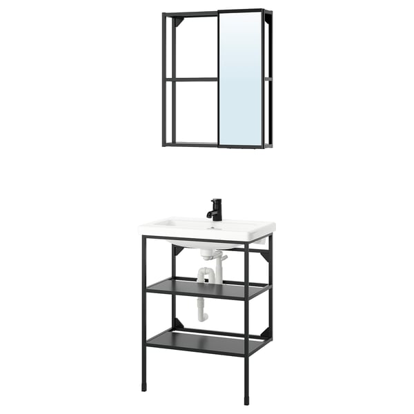 Elegant modern black metal bathroom vanity with open shelves and sleek white sink; above, a minimalist black-framed mirror.