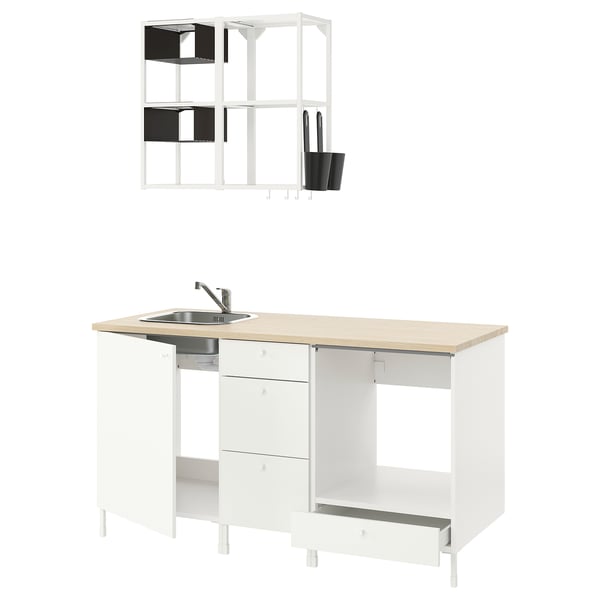 A white modern kitchen unit with wooden countertop, sink, and wall shelves.