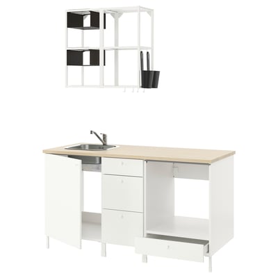 A white modern kitchen unit with wooden countertop, sink, and wall shelves.