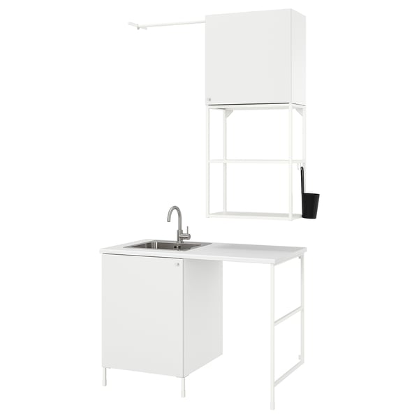 White ENHET laundry unit, sleek and modern, stainless steel basin, minimalist design, storage cabinets, wall-mounted shelves.