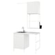 White ENHET laundry unit, sleek and modern, stainless steel basin, minimalist design, storage cabinets, wall-mounted shelves.