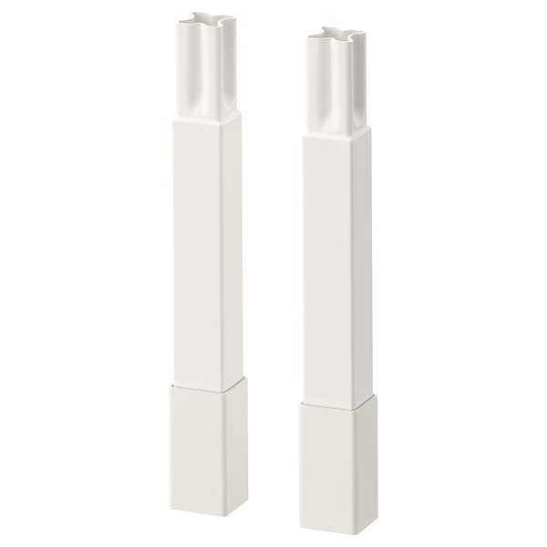 Two white ENHET legs for kitchen base frames, sleek and adjustable, with a smooth finish.