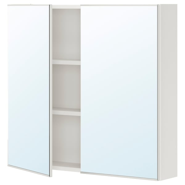 A white ENHET mirror cabinet with two doors and internal shelves, designed for bathrooms.