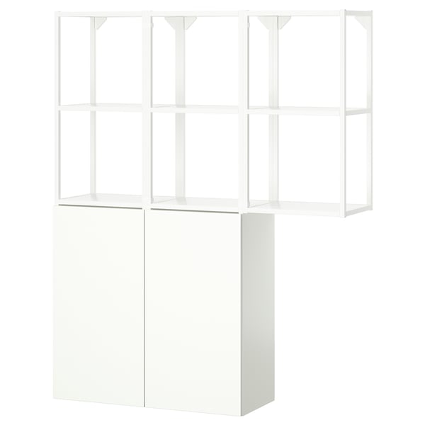 A white ENHET storage unit with open and closed shelves, ideal for kitchen or bathroom storage.