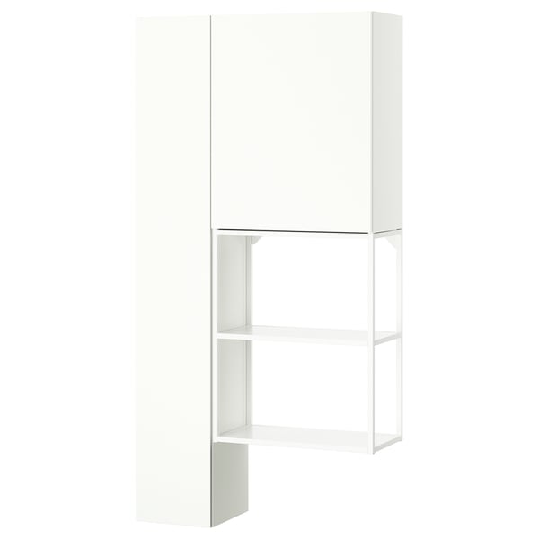 A white ENHET wall unit with open and closed storage spaces, designed for laundry rooms or bathrooms.