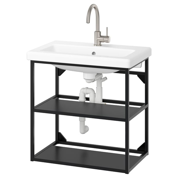 Modern black metal sink stand with white ceramic basin, sleek tap.