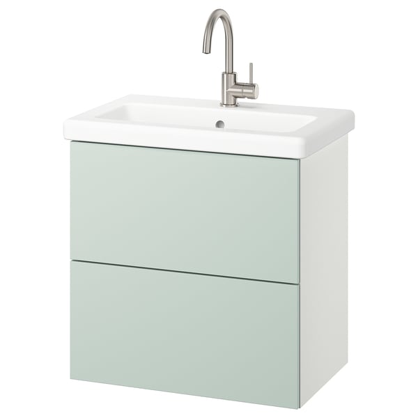 Modern green-grey bathroom vanity with square sink and silver faucet.