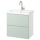 Modern green-grey bathroom vanity with square sink and silver faucet.