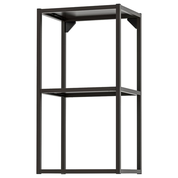 This image shows a modern black ENHET storage shelf with two open shelves, made of steel with a powder-coated finish.