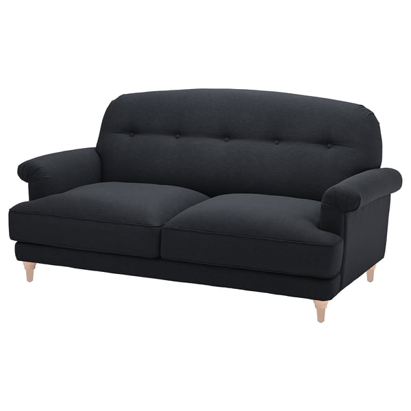 ESSEBODA: dark grey, soft sofa with rolled arms, tufted back, wooden legs.