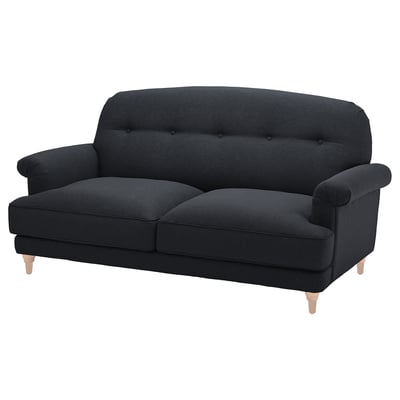ESSEBODA: dark grey, soft sofa with rolled arms, tufted back, wooden legs.
