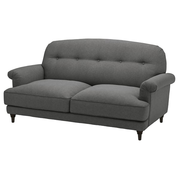 ESSEBODA grey 2-seat sofa, tufted back, rolled arms, chenille cover.