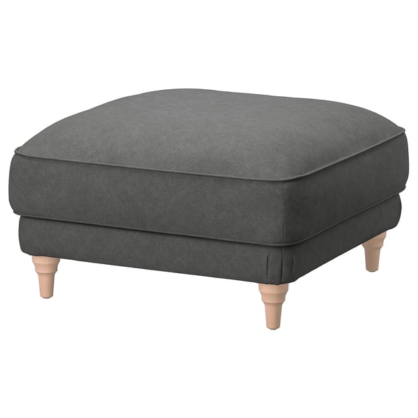 ESSEBODA footstool, dark grey with soft fabric, square shape, four wooden legs.