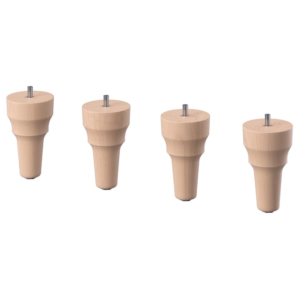 Four wooden furniture legs with screws in light brown, cylindrical shape with tapered ends.