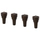 Four dark brown wooden furniture legs with screws, neatly arranged in a row.