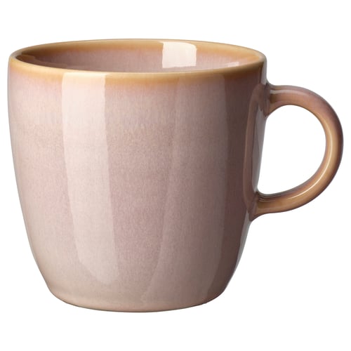 Is of a FÄRGKLAR coffee mug, beige in colour, made of stoneware with a smooth handle and sleek design.
