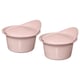 Two light pink ceramic bowls with covers, stackable, smooth edges, simple design.