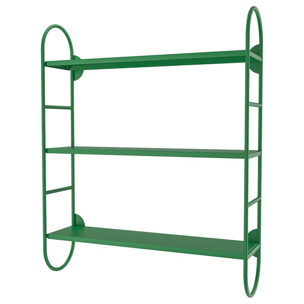 Green FÄRGSÄTTARE wall shelf, 3-tiered metal design with wire sides.