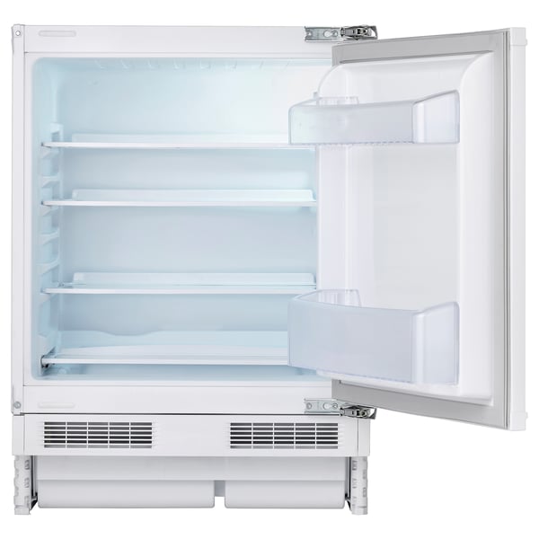 Small white under-counter fridge. Sleek design with adjustable shelves. Led lit interior. Ideal for compact spaces.