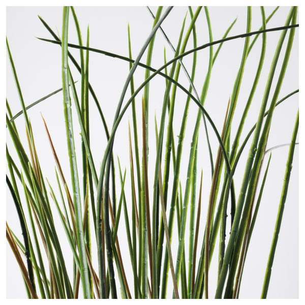 Artificial grass plant, vibrant green blades, realistic texture, neat, upright stance, indoor decor.