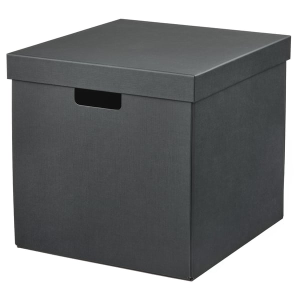 Grey square storage box, FJÄDERHARV, made of recycled paper, with lid and handles.