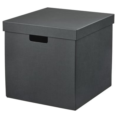 Grey square storage box, FJÄDERHARV, made of recycled paper, with lid and handles.