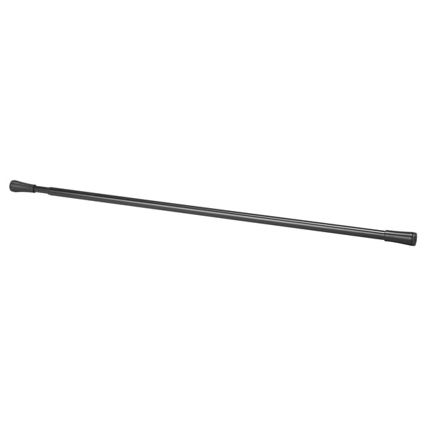Black, extendable curtain rod with spring mechanism, no drilling installation, rubber caps for scratch-free hold.