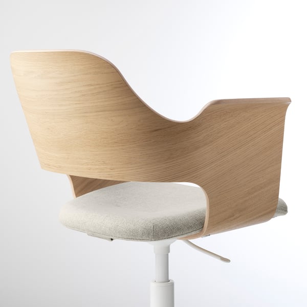 Wooden office chair with curved backrest, white upholstered seat, and adjustable height.