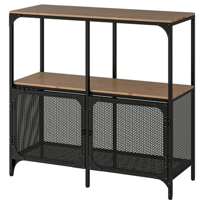 Black FJÄLLBO bookshelf with wood and metal. Mesh back, adjustable feet.