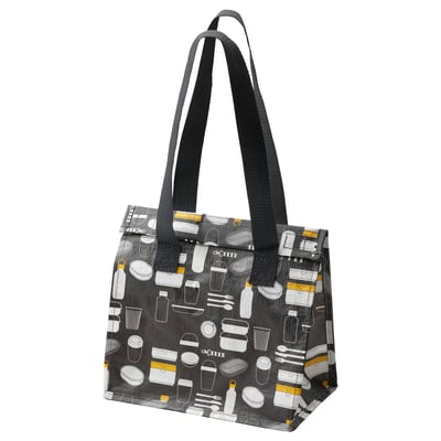 Black & grey tote bag with yellow accents, featuring a playful pattern of lunch boxes, mugs, and bottles, made from recycled polypropylene.