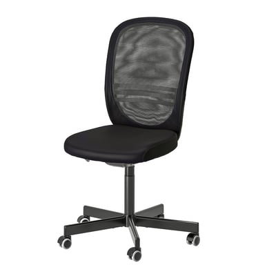 FLINTAN black office chair, mesh back, adjustable height, wheeled base.