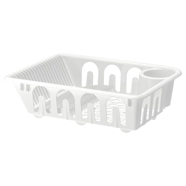 Ikea FLUNDRA white plastic dish drainer for kitchen dishes.