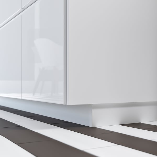 White glossy kitchen cabinet with sleek, rectangular design.