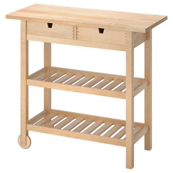 FÖRHÖJA light birch kitchen trolley, 3-tier with drawers, sturdy & natural wood finish.