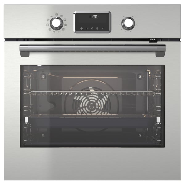 Stainless steel FORNEBY oven with digital display, control knobs, and glass door, shown against a white background.