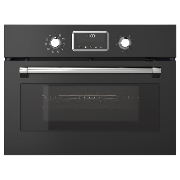 Black built-in microwave-convection oven combo with stainless steel handle and digital display.