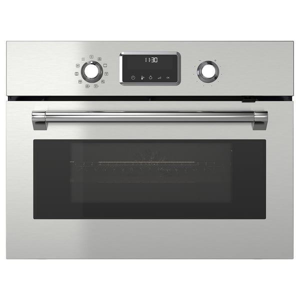 Stainless steel oven and microwave combo with digital display and knobs for cooking and baking.