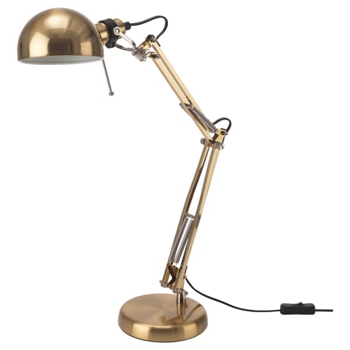 A gold-colored FORSÅ desk lamp with an adjustable arm and dome-shaped shade. Its made of steel and plated with nickel.