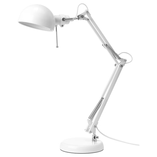 A white forsa desk lamp with an adjustable arm and shade, made of powder-coated steel.