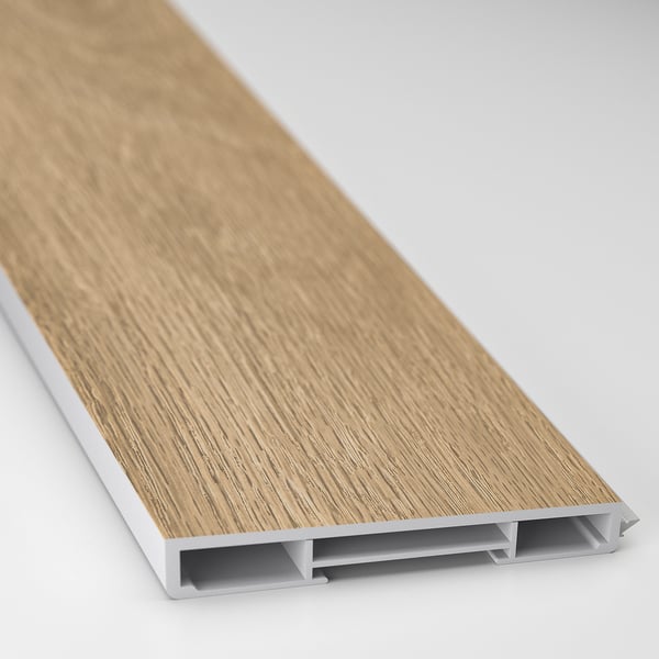 Wooden plinth with sleek, grey underside; durable, quality build for kitchen furnishing.