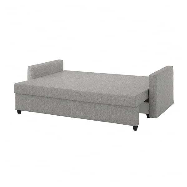 A grey FRIHETEN sofa bed with storage and sturdy legs.