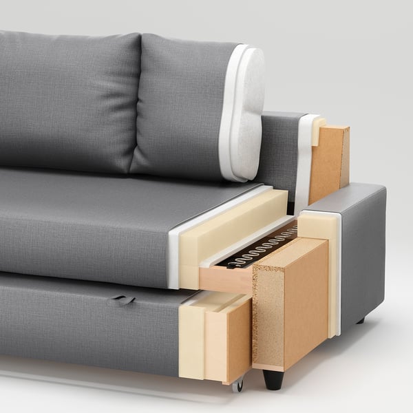Grey fabric sofa with cutaway layers showing: cardboard and foam in cushions, particleboard and wood in frame, polyester fabric.