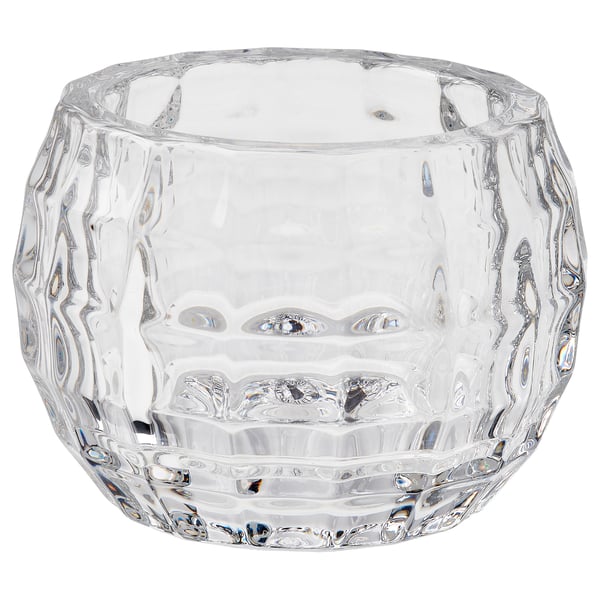 FRÖJDA clear glass tealight holder, round, faceted design.