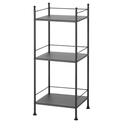 Frosjon 3-shelf black metal bathroom storage unit with square shelves.