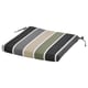 Rectangular outdoor seat cushion, grey, green, and beige stripes, secured with ties.